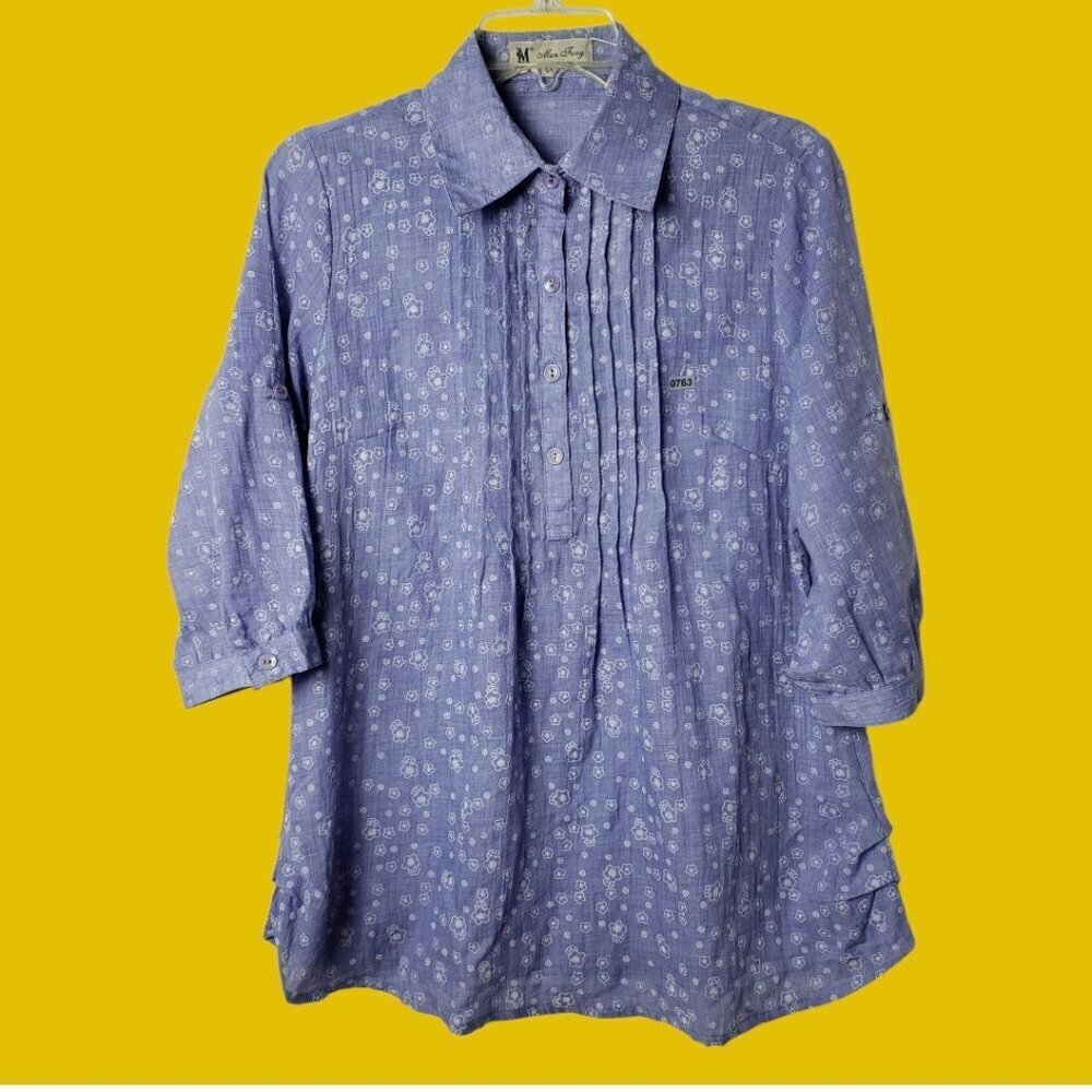 Man Jung Womens Floral Print Pleated 3/4 Sleeve Tunic Shirt Light Purple 44
